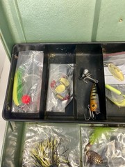 Vintage Old Fishing Tackle Box Metal Green Steel w/ Vintage Fishing Tackle Gear