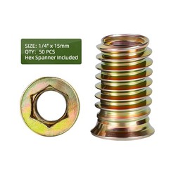 50 PCS 1/4-20 x 15mm Threaded Inserts for Wood Professional Threaded Insert N…