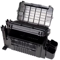 9 In. W Black Plastic Portable Dual-Layer Fishing Tackle Tool Box with Rod Holde