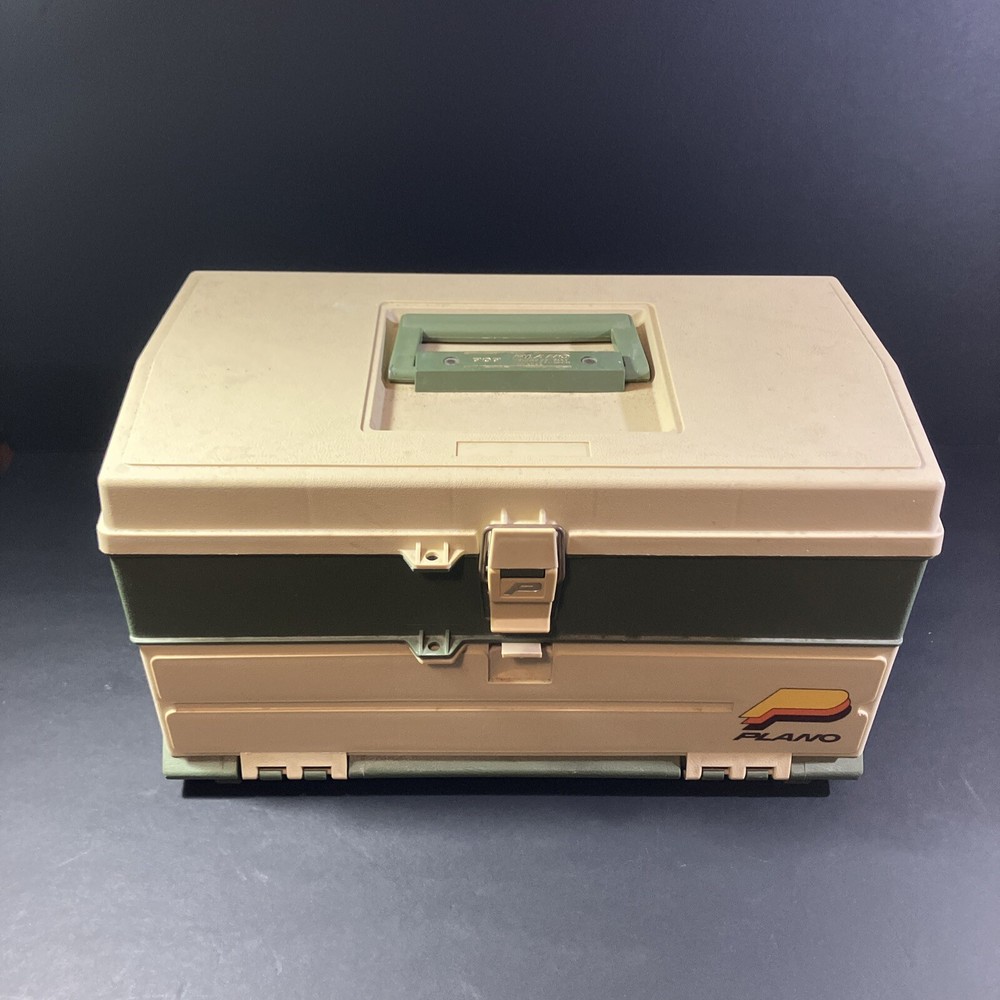 Vintage Plano 707 Tackle Box Tan/Green Gear Outdoors Handle 2 Drawer Storage USA