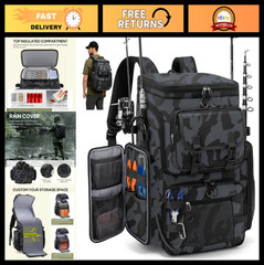 Large 45L Fishing Backpack – Water-Resistant Tackle Bag with 4 Rod Holders & Coo