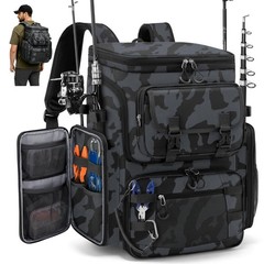Large 45L Fishing Backpack, Water-Resistant Tackle Bag with 4 Rod Holders & Cool