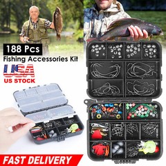 188Pcs Fishing Accessories Kit set w/ Tackle Box Pliers Jig Hooks Swivels Snaps