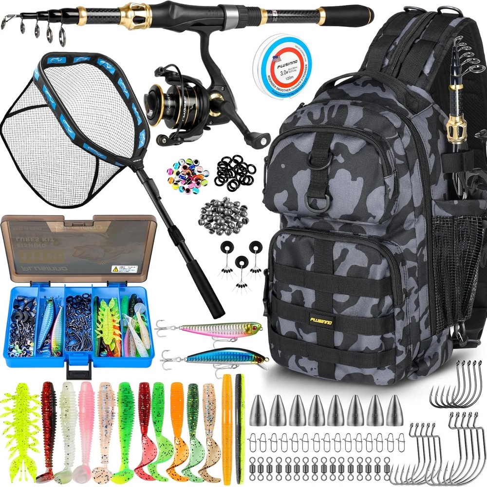 Plusinno Waterproof Fishing Backpack Tackle Bag, Rod, Reel, Net, 111PC Lure Kit+