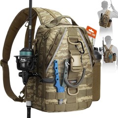 Fishing Backpack, Rod Holders, Lightweight Sling Bag, Khaki Camo