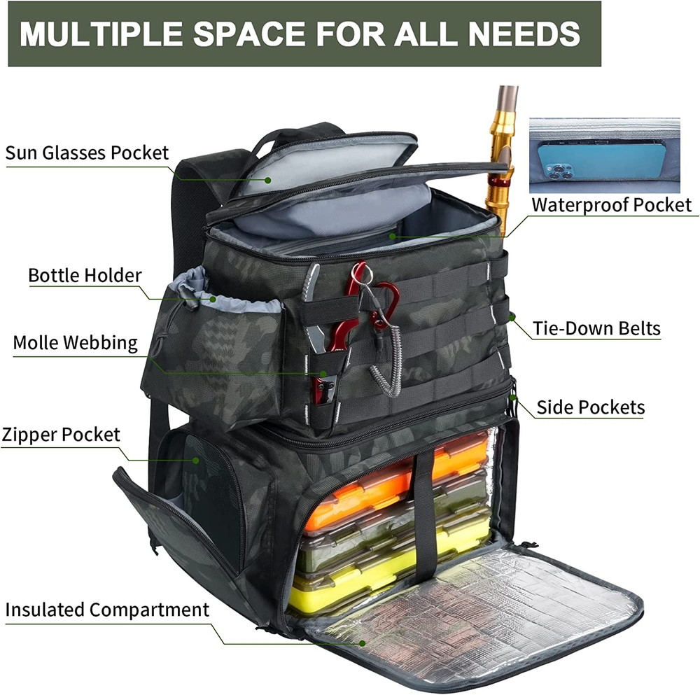 Fishing Tackle Backpack With Cooler Waterproof Rod Holder Large Storage Bag Gear