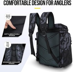 Water-Resistant 42L Fishing Tackle Backpack with Rod Holders – Black Camouflage