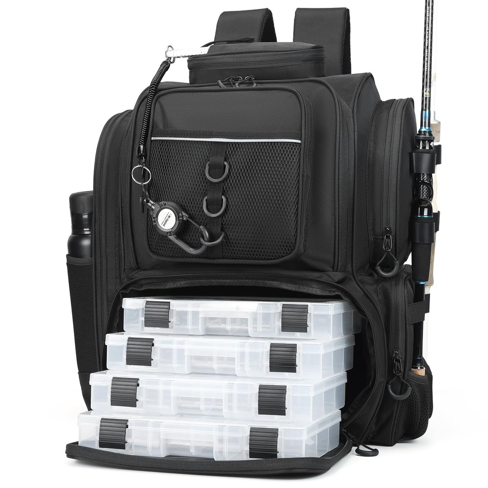 Fishing Backpack with 4 Tackle Boxes. Large Ttackle Bag Strong Materials