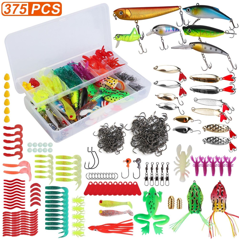375 Pcs Fishing Lures Kit with Tackle Box for Saltwater&Freshwater Use Featuring