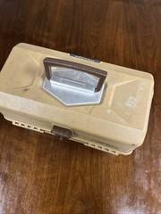 Vintage Old Pal Tackle Box Tan Made In USA Bi-fold 6 Trays Collectible W LURES