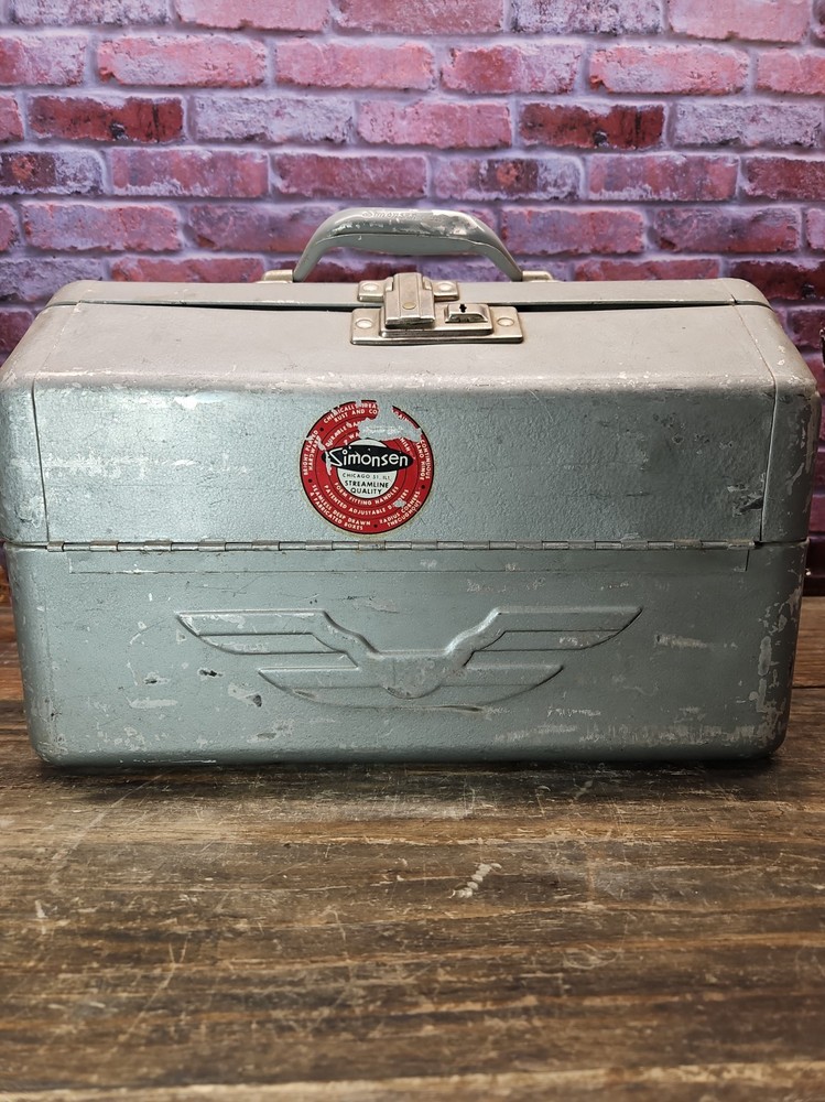 Vintage Large Simonsen Aluminum Tackle Box Fishing Bait Fish Old Collectible USA