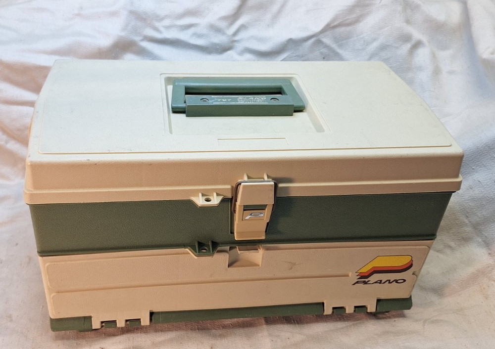 Vintage Plano 707 Tackle Box Tan/Green Made in USA two drawer plus top storage