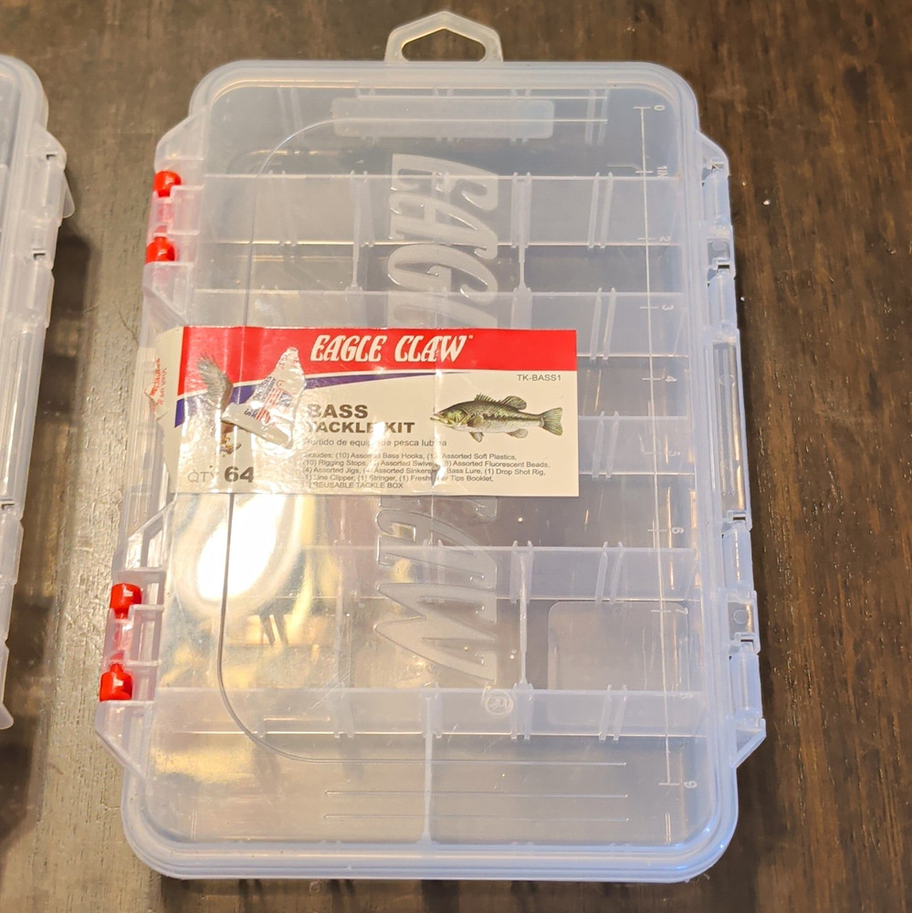 Eagle Claw Bass Tackle Kit Clear Plastic Tackle Box Removable Dividers TK-BASS1