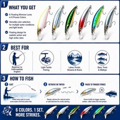 Floating Minnow Fishing Lure, 3.35in 0.30oz ABS Hard Bait with BKK 3X Size 6 …