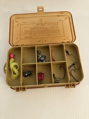 PLANO 3213 MINI-MAGNUM ORANGE AND TAN 2 SIDED TACKLE BOX WITH FISHING STUFF