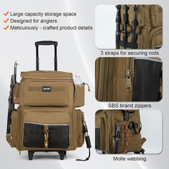 66L Rolling Tackle Box & Cooler, Khaki Fishing Bag with Wheels & Rod Holders