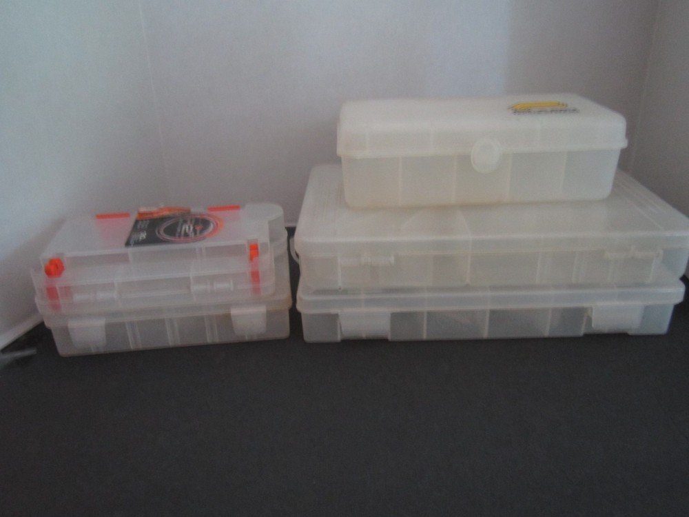 Five Tackle Boxes: Three Plano, One Flambeau, One South Bend
