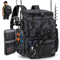 Fishing Backpack, 45L Large Fishing Bag with 4 Rod Holders & Black Camouflage
