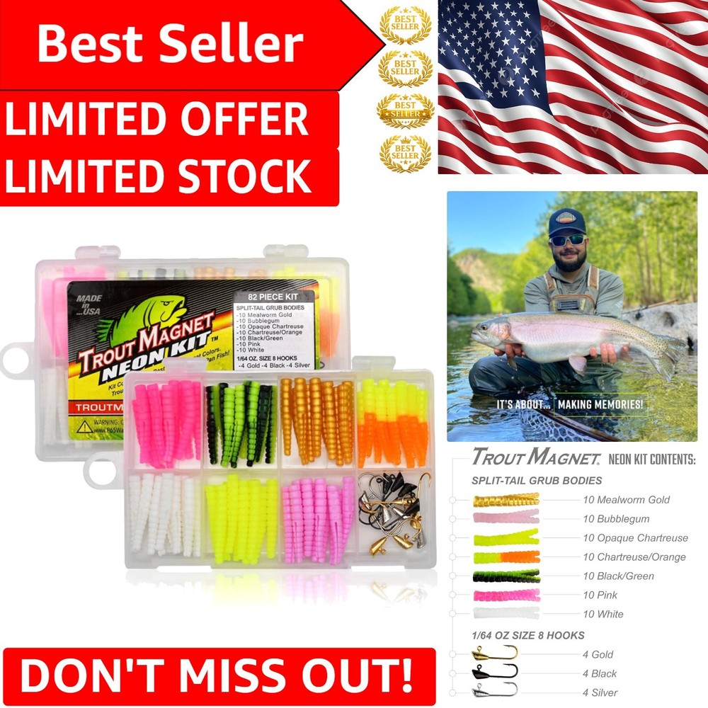 Made in USA 82-Piece Neon Fishing Gear – 70 Grubs & 12 Hooks Included