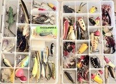 Dream LOT of RARE Vintage WOODEN Fishing LURES/TACKLE/REEL ECT. HEDDON TORPEDOS