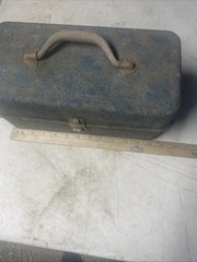 Vtg Antique Grandpas Metal Fishing Tackle Tool Box 13x6x6 Blue Color Patina