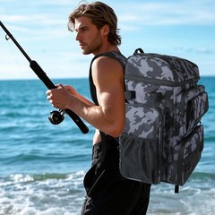 Luxurious 45L Fishing Tackle Backpack with Cooler & 4 Rod Holders in Camouflage