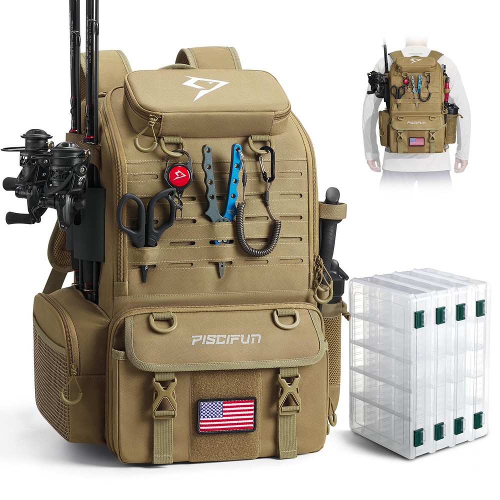 52L Fishing Tackle Backpack with Rod Holders & 4 Tackle Boxes, Large Tackle Bag