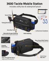 Compact Fishing Tackle Bag Outdoors Waist Pack with 3600 Tackle Box & Rod Holder