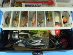 Old Pal 2 Tray Tackle Box With Lures Spinning Reel Soft Plastics Spoons Knife