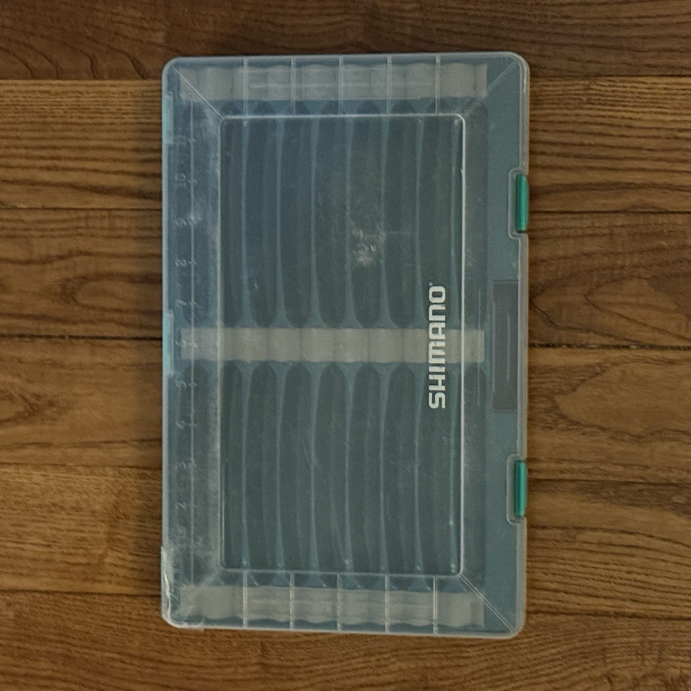 DiscontinueShimano Tackle Box Hard Case Green Gray topwater organizer.