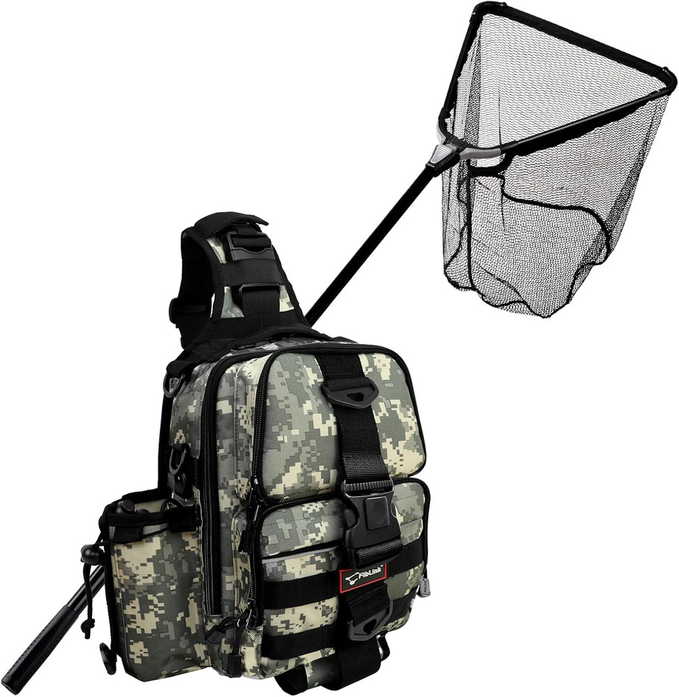 118 Inches Folding Fishing Landing Net and Fishing Tackle Backpack Black(Digital