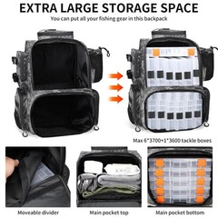 Rabjen Fishing Tackle Backpack with Rod 18.5”*12”*8.5”, Camouflage Black