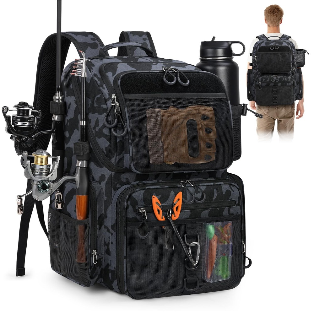 45L Fishing Backpack with Rod Holder & Waterproof Rain Cover, 900D Heavy-Duty