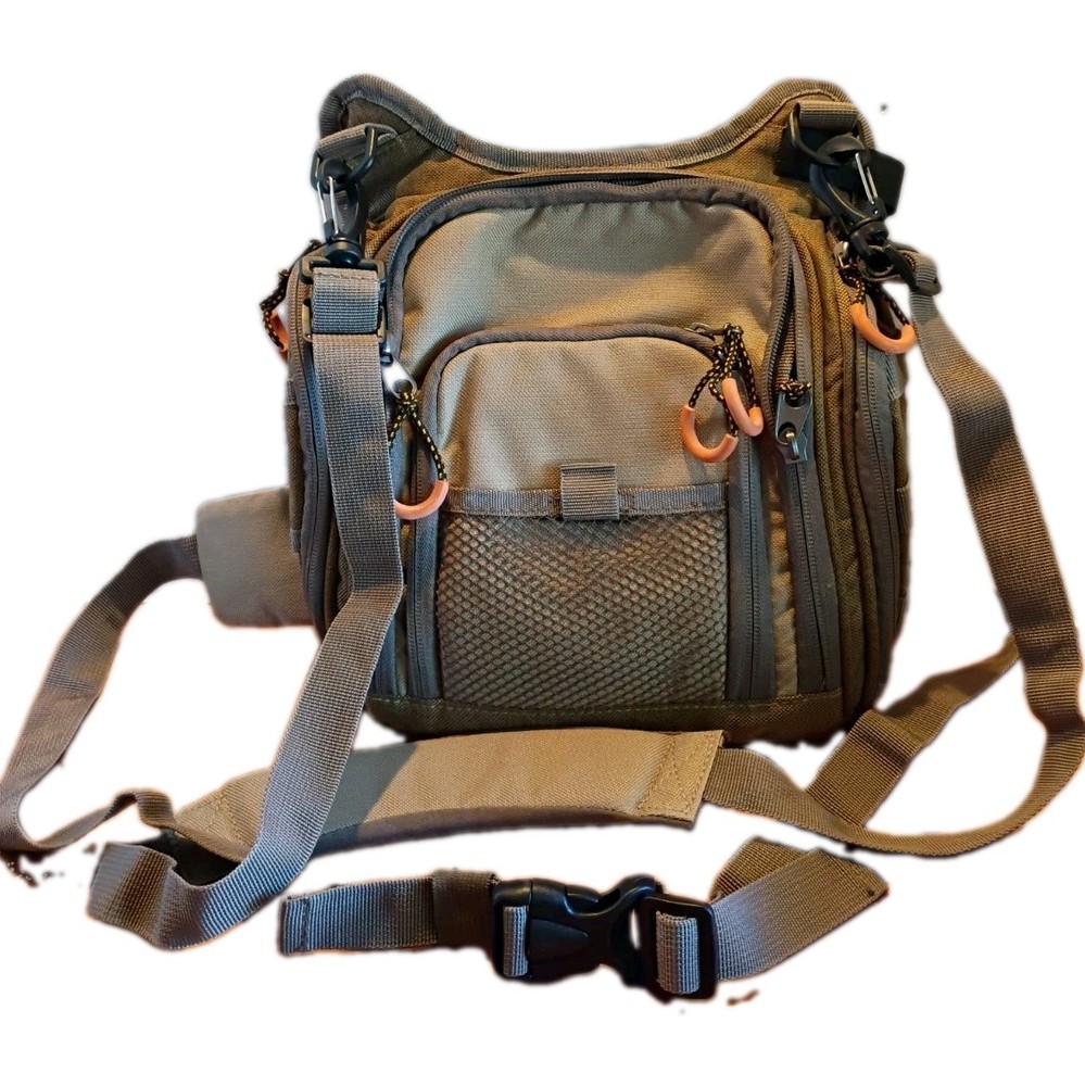 Fly Fishing Tackle Backpack Tan Orange Zipper Many Compartments