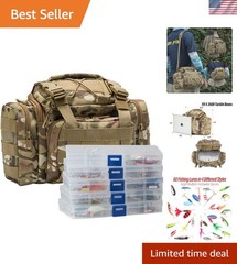 Heavy Duty Water-Resistant Fishing Tackle Bag Set with 60 Lures & Compartments