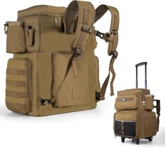 66L Rolling Tackle Box & Cooler, Khaki Fishing Bag with Wheels & Rod Holders