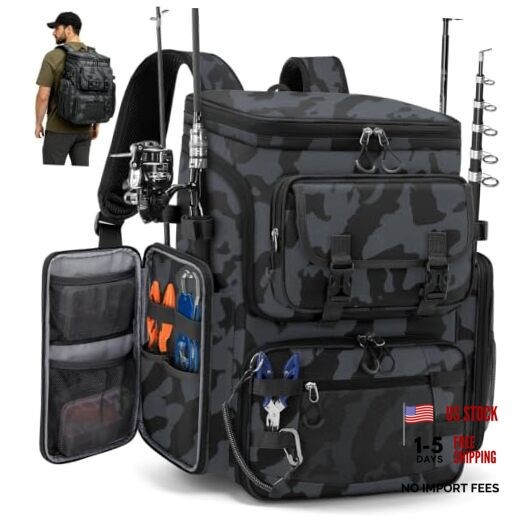 Fishing Backpack, 45L Large Fishing Bag with 4 Rod Holders & Black Camouflage