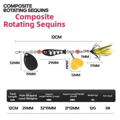 Composite Spinner Fishing Lure 12g with Dual Blade Rotation and Triple Hooks