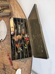 Multi-Tier Simonsen Metal Tackle Box Fishing Lot With Contents pictured.