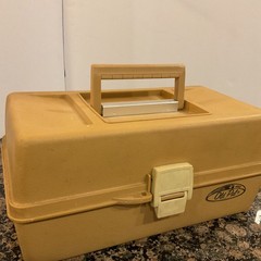 Vintage Old Pal Fishing Tackle Box Model 1050 Tan 2 Tray Plus Wooden Bobbers