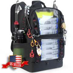 Fishing Tackle Backpack with Cooler, 2 Rod Holders, 45L, Black