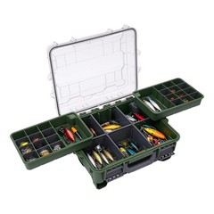 Fishing Tackle Box Olive Green 3-Tier Removable Divider Trays Clear Lid Storage