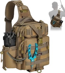 Khaki Lightweight Fishing Sling Bag with Water-Resistant Design & Rod Holder