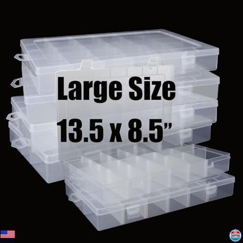 4 Pack Large Clear Plastic Organizer Box, 24 Grids with Adjustable Dividers,