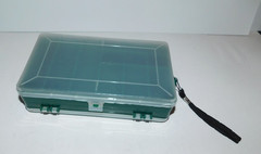 NICE PREOWNED DOUBLE SIDED FISHING TACKLE BOX 8 1/4″ X 4 3/4″ X 2″