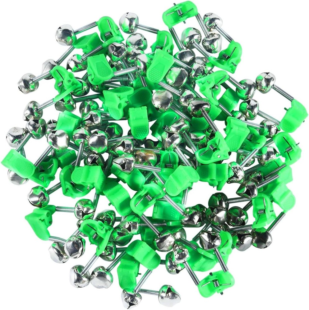 50 Pcs Fishing Rod Bells Clip-On Bite Alarm Dual Bell Alert Green Fishing Gear