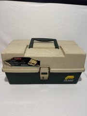 Vintage Plano 6303 Fishing Tackle Box 3-Tier Fold Out Trays Green Tan USA Made