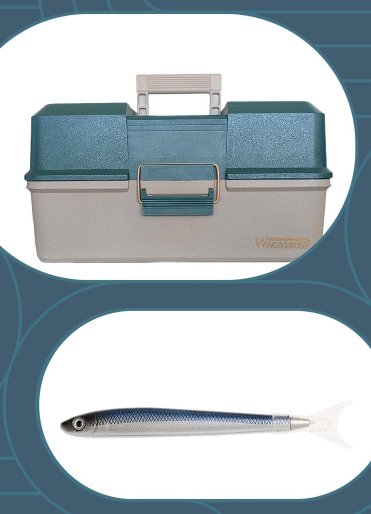 Vtg XL WOODSTREAM 3 TRAY Green/Brown FISHING TACKLE Box, TRUNK Style+Salmon Pen!