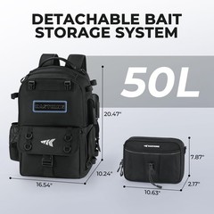 BaitSpace 50L Fishing Tackle Backpack Removable Bait Binder Rod Holder Black 80