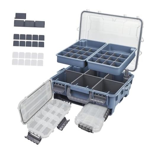 Universal Fishing Tackle Box with Two Small Tackle Tray, Removal Inside Blue